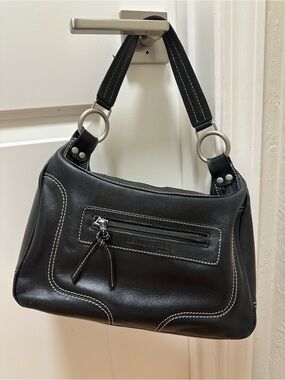 Kenneth Cole Black Leather Shoulder Bag with Contrast White Stitching